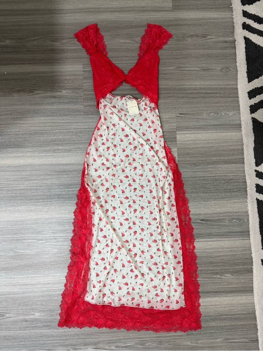 Free People Red Floral Lace-Trim Slip Dress